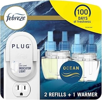 Plug in Air Freshener, Odor-Fighting Scented Oil Starter Kit, Air Fresheners for Home and Bathroom and Kitchen, Long Lasting for Strong Odors, Ocean Scent, Warmer + 2 Refill