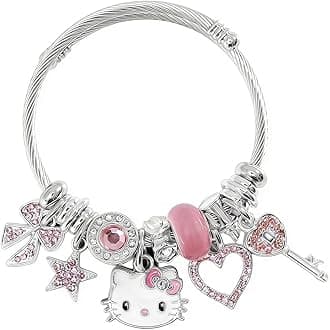 Kitty Bracelet for Woman, Kawaii Bracelet for Girls, Rhinestone Silver Bracelets for Women, Stainless Steel Cute Cartoon Bangle Birthday Christmas Gift for Girls Ladies