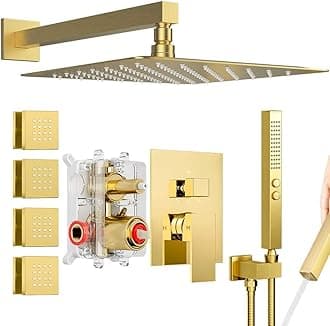 Shower System Brushed Gold Shower Faucets Sets, Bostingner 10" Rain Shower Head with 2 In 1 Handheld Spray and 4 Body Jets, Wall Mounted All Metal 3 Way Shower Set with Rough-in Valve and Trim Kit