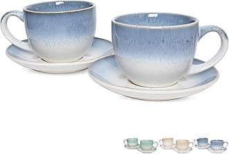 Bosmarlin Ceramic Cappuccino Cup and Saucer Set of 2, 10 Oz, Dishwasher and Microwave Safe, Coffee Cups for Latte, Espresso, Tea, Reavtive Glaze (Blue)