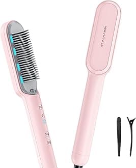 Wavytalk Hair Straightener Brush, Sleek Sweep Ionic Straightening Brush with 6 Temperature Adjust, Anti-Scald Ceramic Straightening Comb Fast Heating for Home Salon, Dual Voltage Pink.