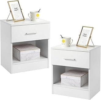 Modern White End Table Set of 2, Bedside Table with 1 Drawer & Shelf, Wood Nightstand for Bedroom, Living Room, 15.35 x 11.42 x 16.14 inches, White