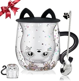 Gifts for Women Cat Gifts Double Walled Glass Coffee Latte Cup Cute Stuff Black Cat Mug Gifts for Her Christmas Stocking Fillers,Birthday,Valentines,Halloween Presents for Women,Men,Kid,Mum,Teacher