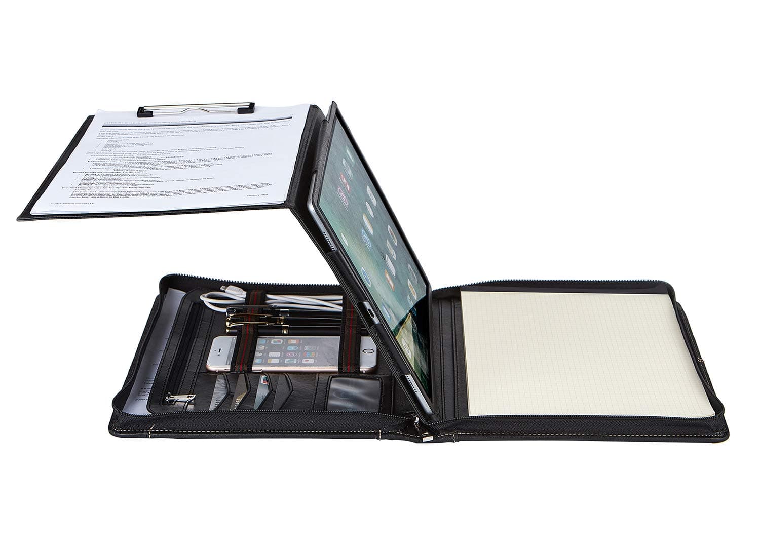 Professional Portfolio Folder with Tablet Case for Surface Pro 7/6/5/4/3, Business Leather Padfolio File Organizer with A4 Clipboard & Notepad Holder, Black