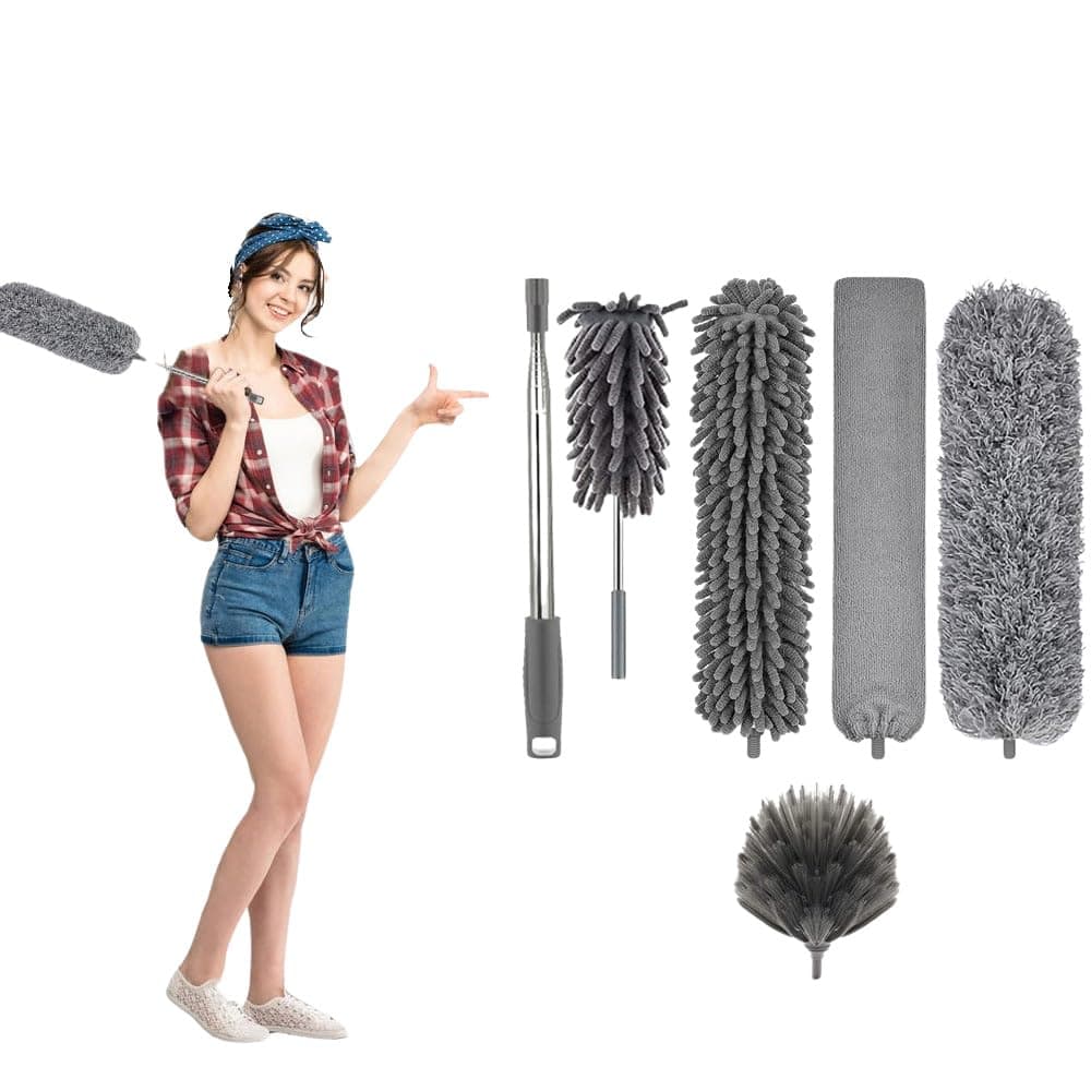 Fulminare 5 in 1 Microfiber Feather Duster 6Pcs Bendable & Extendable Fan Cleaning Brush with 100 Inches Expandable Pole Handle Washable for High Ceiling Fans,Window Blinds (Bishop)