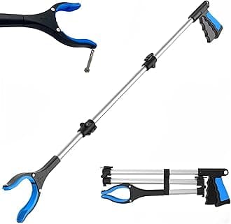 FitPlusPowergrip T9, Grabber Reacher Tool, Wide Jaw, Foldable, Steel Cable, with 96 Grip Points for Firm Grip, 36" with Magnet (Blue, 36")