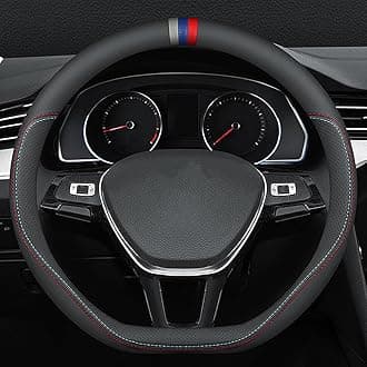 Carodi Latest Nappa Leather car Steering Wheel Cover, Stylish Non-Slip Leather car Interior 15 inches Universal D-Shape,Black(red and Blue Signs)