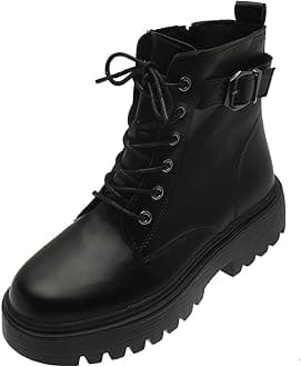 Womens Lace Up Ankle Boots Retro Waterproof British Style Shoes Casual Comfortable Low Heeled Classic Side Zipper Belt Buckles Short Biker Boots Outdoor Autumn