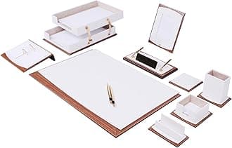 Leather Desk Set - Leather Organizer Desk Set - Walnut Wood Desk Set - Office Product - Desk Accessories Set - Office Desk Accessories - Home Office Accessories - Desk Supplies 11 PCS (White)
