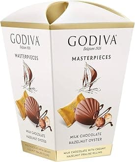 Godivas Masterpieces Milk Chocolate Hazelnut Oyster, Creamy Hazelnut Praline Filling, 117 Grams