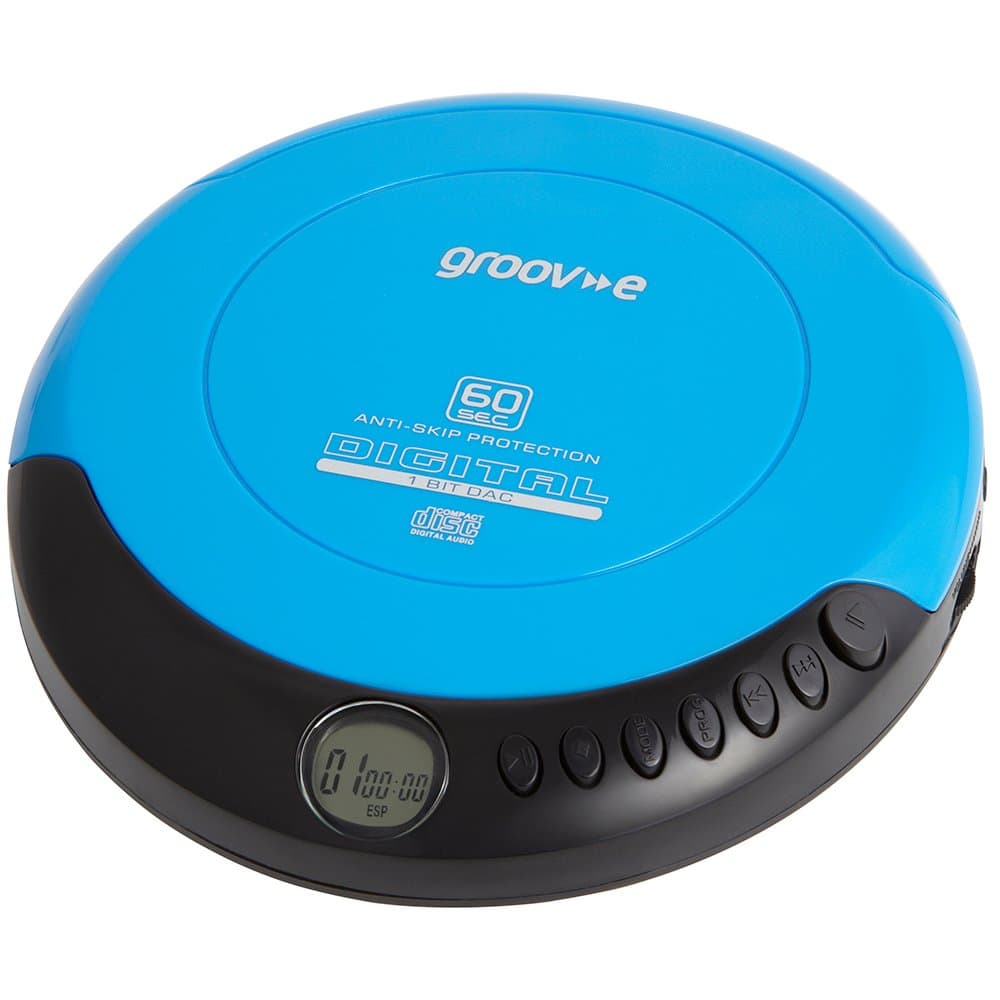 groov e Retro Personal CD Player with 20 Track Programmable Memory, LCD Display, Anti-Skip Protection and Earphones Included - Blue
