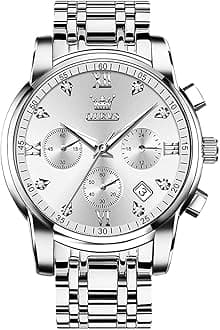 Men's Stainless Steel Chronograph Watch, Big Face Gold Silver Black Tone Easy to Read Analog Quartz Watch, Luxury Waterproof Date Diamond Roman Arabic Numerals Dial Dress Watch for Men