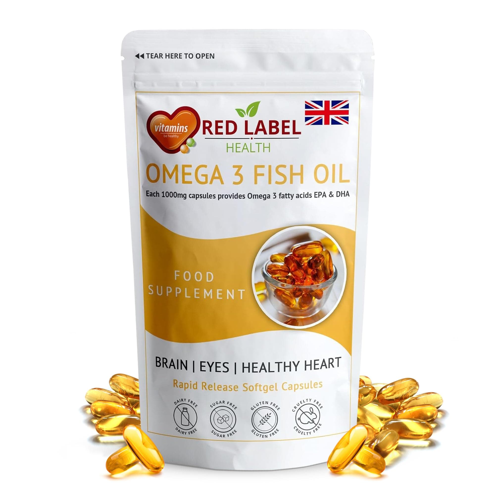Omega 3 Fish Oil 1000mg, Pack of 360 Soft Gel Capsules (1 Year Supply), Double Strength 180mg EPA and 120mg DHA, Supports Eye, Heart & Brain Health for Men & Women - UK Made