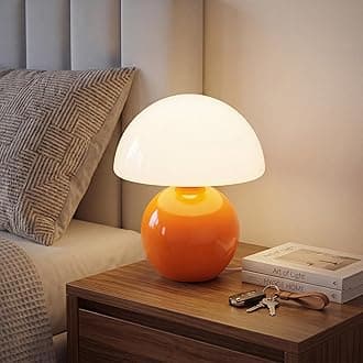 Dawnwake Mushroom Bedside Lamp, Dimmable Table Lamp, Decoration Living Room, Bedroom, Ceramic Base, Glass, Small Night Light (Orange)