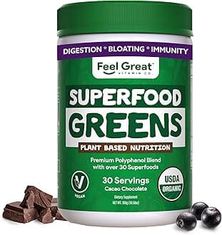 Feel Great Organic Superfood Greens Powder - Cocoa Chocolate | Fruit & Vegetable Supplement | Over 20 Greens, Fruits & Veggies, Fiber, Probiotics & Digestive Enzymes | 30 Servings