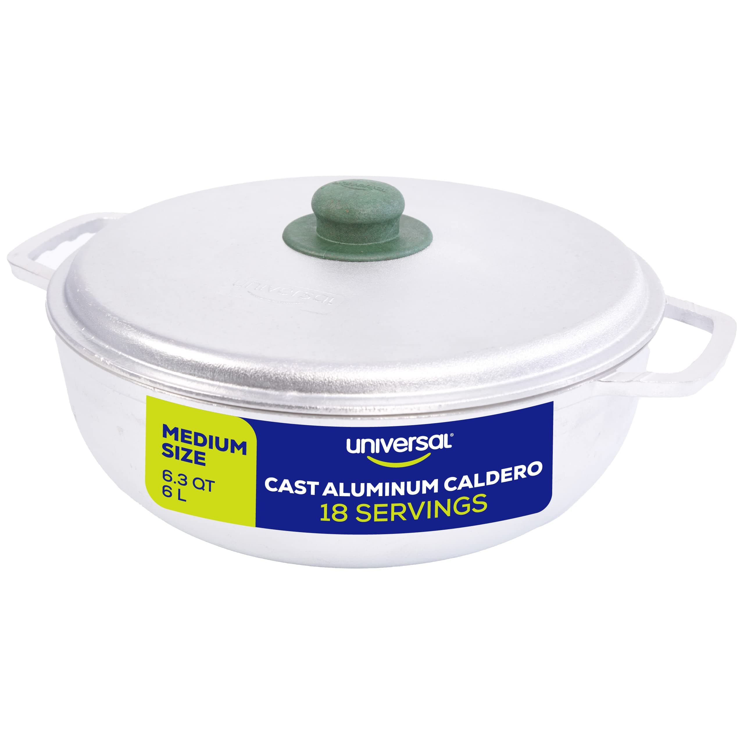 Universal (Medium Size) Caldero 18 Cups - 6.3 QT / 6 L, Stainless Aluminum Pot, Even Heat Distribution and Fast Cooking Dutch Oven Pot, Ergonomic Handles, Ideal for Rice, French Fries, and More
