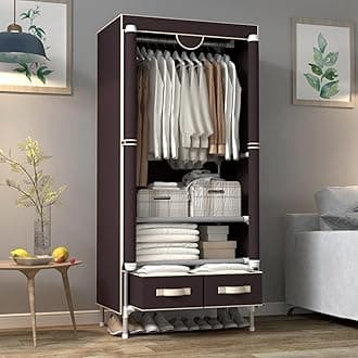 Portable Canvas Wardrobe with 2 Drawers, Portable Closet with Hanging Rail and Wardrobe Shelves, 75x45x170cm Wardrobe for Bedroom, Dark Coffee