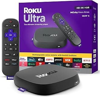 Roku Ultra - Ultimate Streaming Player - 4K Streaming Device for TV with HDR10+, Dolby Vision & Atmos - Bluetooth & Wi-Fi 6 - Rechargeable Voice Remote Pro with Backlit Buttons - Free & Live TV