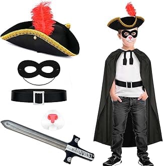 The Highway Rat Costume Highway Man Character Including Black Hat,Cape, Nose, Mask, Sword, Belt and Tail for Kids School World Book Day Fancy Dress