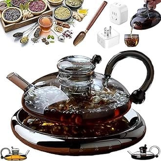 Innovessa - Tea Pot, 2025 New Upgrade 20oz Sereno Filtration Teapot Set, Removable Heatable Glass Teapot with Infusers for Loose Tea with Tea Making Tools (Electric ceramic stove + Gray + Adapter)