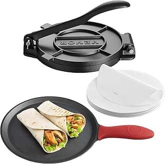 Tortilla Press, 10 Inch Cast Iron Tortilla and Roti Maker, Heavy Duty Tortilladora Press, Pataconera Makers with Handle and 100 Pcs Parchment Paper, Dough Taco Press for Flour Tortilla, Tawa