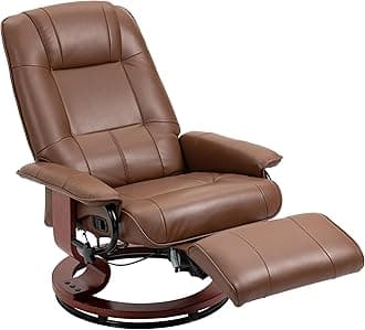 HOMCOM Swivel Recliner Chair, PU Leather Reclining Armchair with Retractable Footrest, Lounge Chair with Wood Base and Adjustable High Back for Small Spaces, Living Room, RV, Bedroom, Brown