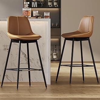 VASAGLE Bar Stools Set of 2, Bar Height Bar Stools with Back, Ergonomic Backrest, Synthetic Leather, Metal Legs, 28.5-Inch Tall Barstools for Kitchen Island Home Bar, Easy Assembly, Caramel Brown
