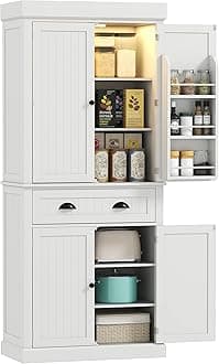 HOMCOM 71" Kitchen Pantry Cabinet with LED Motion Sensor Light, Tall Storage Cabinet with 6 Door Shelves, Drawer & Adjustable Shelves, for Living & Dining Room, White