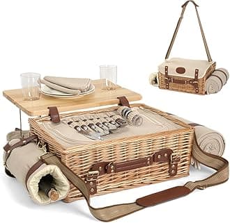 Multifunctional Wicker Picnic Basket Set for 2 with Blanket and Picnic Table, Insulated Picnic Set with Full Tablewares for Camping Outdoor Couples,Natural
