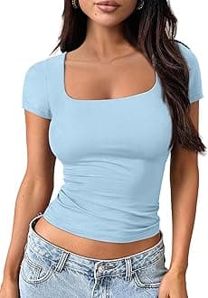 Trendy Queen Double Lined Short Sleeve Tshirts for Women Square Neck Cute Crop Top Spring Summer Basic Tees Workout Going Out