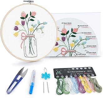 Flowers Embroidery Kit Including Video Step by Step Instructions Embroidery Hoop,Color Threads and Embroidery Scissors for Beginners-Handmade Needlepoint Kits for Adults