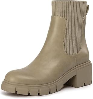 Athlefit Women's Chelsea Boots Fashion Slip on Platform Ankle Boots Lug Sole Chunky Booties