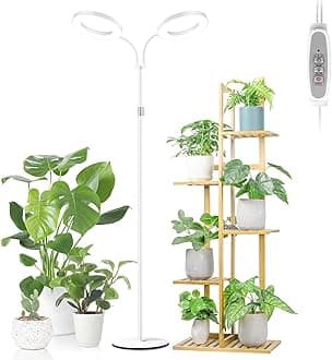 LBW Full Spectrum Grow Light with Stand – Auto Timer (4/8/12H), 4 Dimmable Levels, Adjustable Height (48.8-64.6"), Ideal for Large Indoor Plants, White, Dual-Head