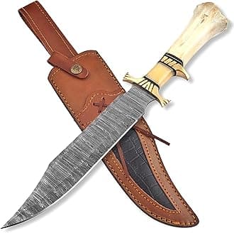 Skokie Knives Handmade Damascus Steel Hunting Knife – Full Tang Fixed Blade with Premium Handle & Leather Sheath – Available in White, Orange, Green & Blue (White)