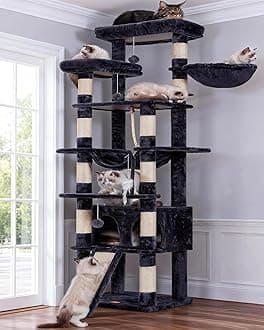 Heybly Tall Cat Tree,78 inch Multi-Level Cat Tower for Indoor Cats,2 Widened Plush Perches Cat Condo with Scratching Board and Big Caves,Smoky Gray HCT033G