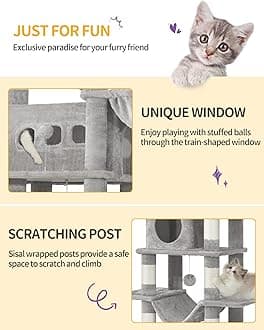 Hzuaneri Cat Tree for Indoor Cats, 170 cm Large Tall Cat Tower, Multi-Level Cats House with Condo, 8 Scratching Posts, Hammock, 4 Pom Poms, Light Grey MS17018LG