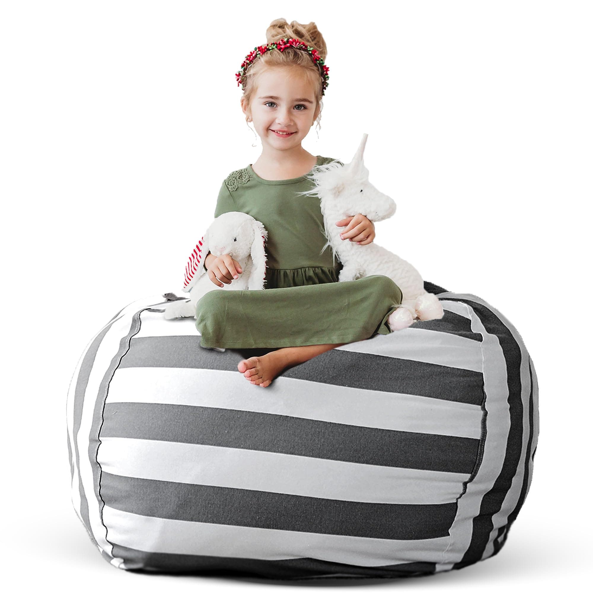 Creative QT Stuff ’n Sit Extra Large 38’’ Bean Bag Storage Cover for Stuffed Animals & Toys, Giant Beanbag Chair for Kids Ages 3-14, Bedroom Organizer for Easter, Grey/White Striped