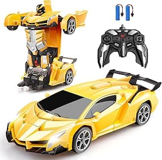 Transform RC Car Toy - Remote Control Car with Flashing Lights, One-Button Deformation, 2.4GHz & 360° Rotation, Gift for Kids Boys Girls Ages 4-12 - Yellow