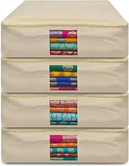 JD FRESH 4 Pcs Cotton Saree Covers/Storage Bags with Zip Cover/Space Saving Bag with Mesh Window/Wardrobe-Cupboard Organizer for Clothes/Lehengas/Bedsheets/Gowns(18 X 16 x 4.5 Inch/Brown)