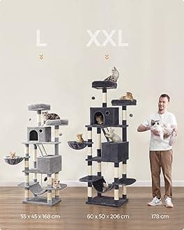 FEANDREA Cat Tree, 168 cm Large Cat Tower with 13 Scratching Posts, 1 Scratching Ramp, 2 Perches, 2 Caves, Basket, Hammock, Pompoms, Multi-Level Plush Cat Condo for Indoor Cats, Light Grey