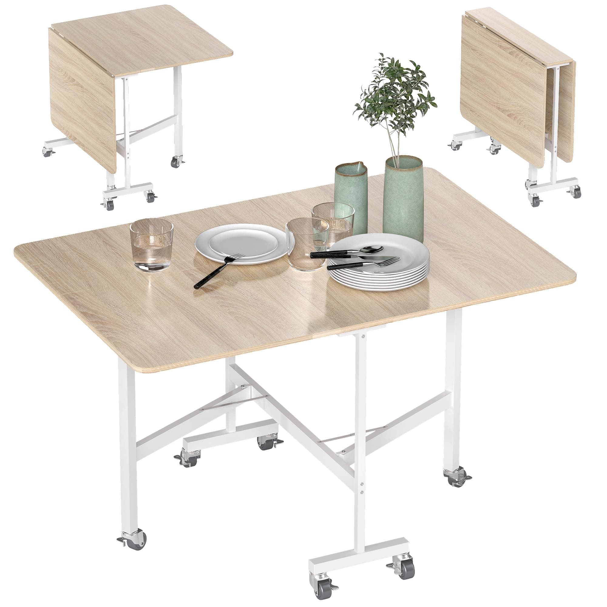 HOMCOM Drop Leaf Table, Folding Dining Table with Metal Frame, Rolling Kitchen Dining Table for Small Spaces, 120cm, Nature Wood Finish