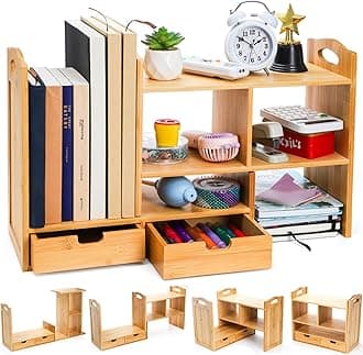 Eorbow Bamboo Desktop Bookshelf, Expandable Counter Bookcase, Storage Shelves Rack Organizer with Anti-Slip Pads, Cute Small Desk Display Cubby Top for Office Supplies, No Assembly Needed