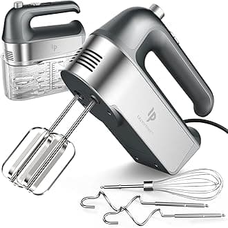 Hand Mixer Electric, 450W Kitchen Mixers with Scale Cup Storage Case, Turbo Boost/Self-Control Speed + 5 Speed + Eject Button + 5 Stainless Steel Accessories, For Easy Whipping Dough, Cream, Gray