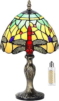 MIAOKE Stained Glass Table Lamp,Stained Glass Crystal Bead Style Table Light,Handmade Desk Bedside Night Light,Antique Art Craft Gifts Living Room Bedroom Bookcase(Green&White Dragonfly)