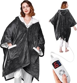 Heated Blanket Wearable - Cozy Gift for Women, Mom, Men| Reversible Flannel & Sherpa Electric Wrap with Pockets & Hood, 6 Heat Levels, 1-4H Timer, ETL Safe, Machine Wash, 50"x70" Grey