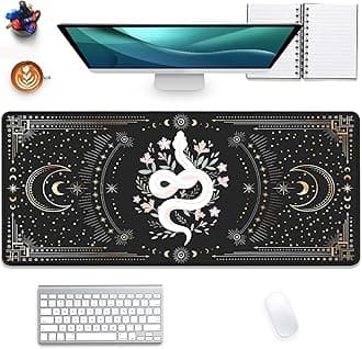 Mysterious Starry Sky Moon and White Snake Pattern Large Extended Gaming Mouse Pad E-Sports Office Desk Mat Keyboard Pad Rubber Non-Slip Computer Mouse Mat Suitable for Home Office Work(27.5X11.8 in)