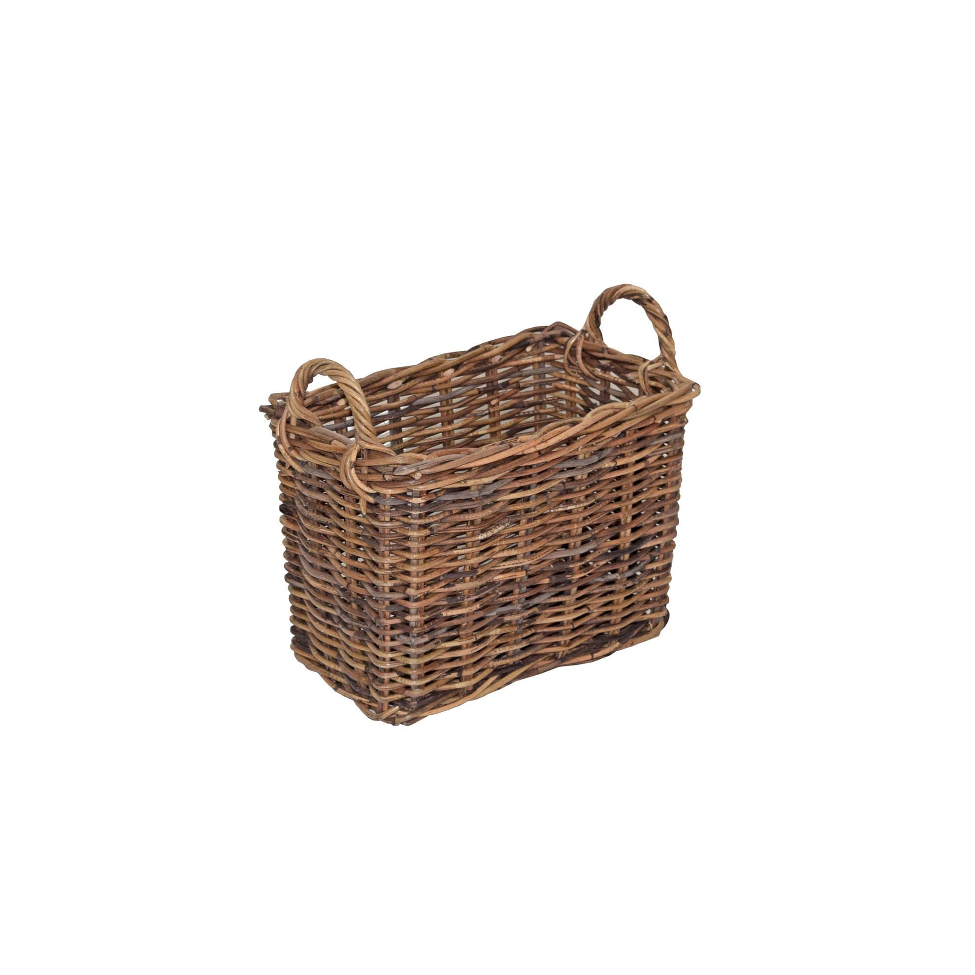 Rattan Log Basket, Rectangular Kindling Storage - Rustic Brown (Small - L 39 x W 26 x H 28 cm, with Handle H 35 c)