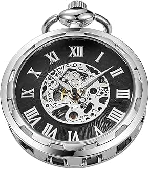 Uncovered Men's Mechanical Pocket Watch with Chain, Uncovered Roman Design Dial Chain Mechanical Pocket Watches for Men