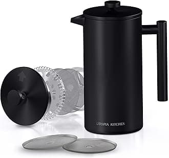 Utopia Kitchen 304 Grade Stainless Steel French Press Coffee Maker 12 Oz, Double Wall Insulated Coffee Press with 4-Level Filtration system, Include 2 Extra Filters, Rust-Free, Dishwasher Safe, Black