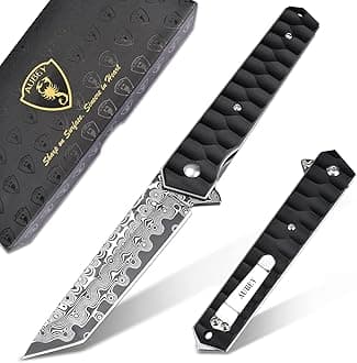 Damascus Pocket Knife with Clip, Tanto Blade Damascus Steel Folding Knives for Men Tactical, Aluminum Handle with Glass Breaker for EDC Camping Gift
